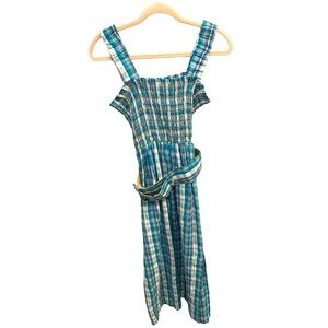 NICHOLAS Plaid Midi Dress Smocked Size 2 belt Blue BUC G0748